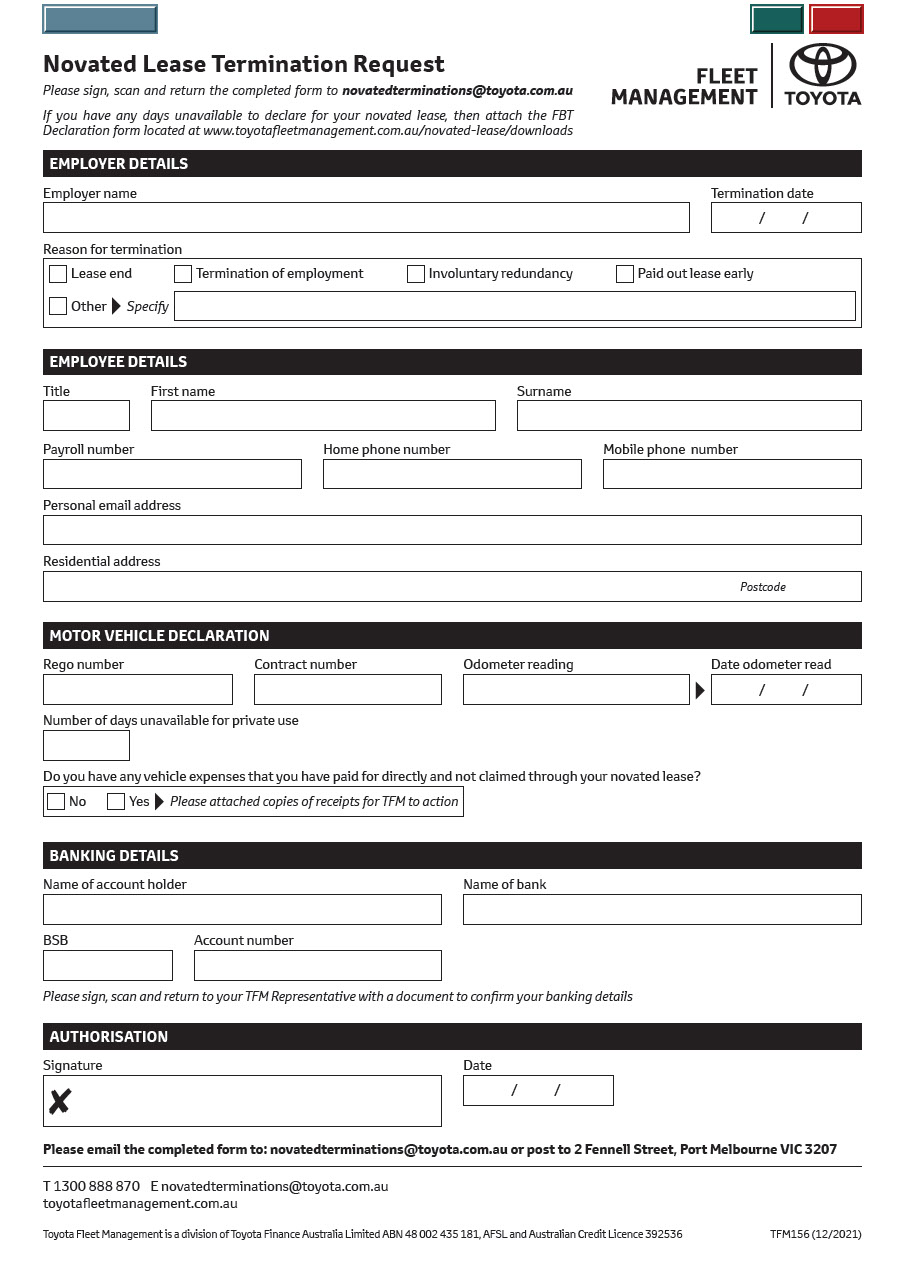 Novated Lease Termination Notification form